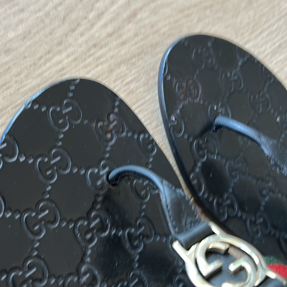 Gucci Interlocking GG Thong Black Leather Flat Flip Flop Thong Sandal IT 39.5 - Picture 4 of 12